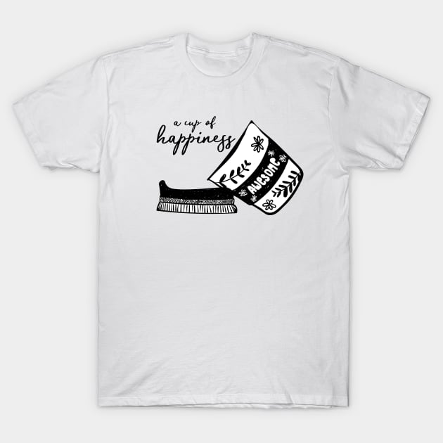 coffee cup take away with cup of happiness, doodle lino cut black and white minimal design T-Shirt by Janatshie